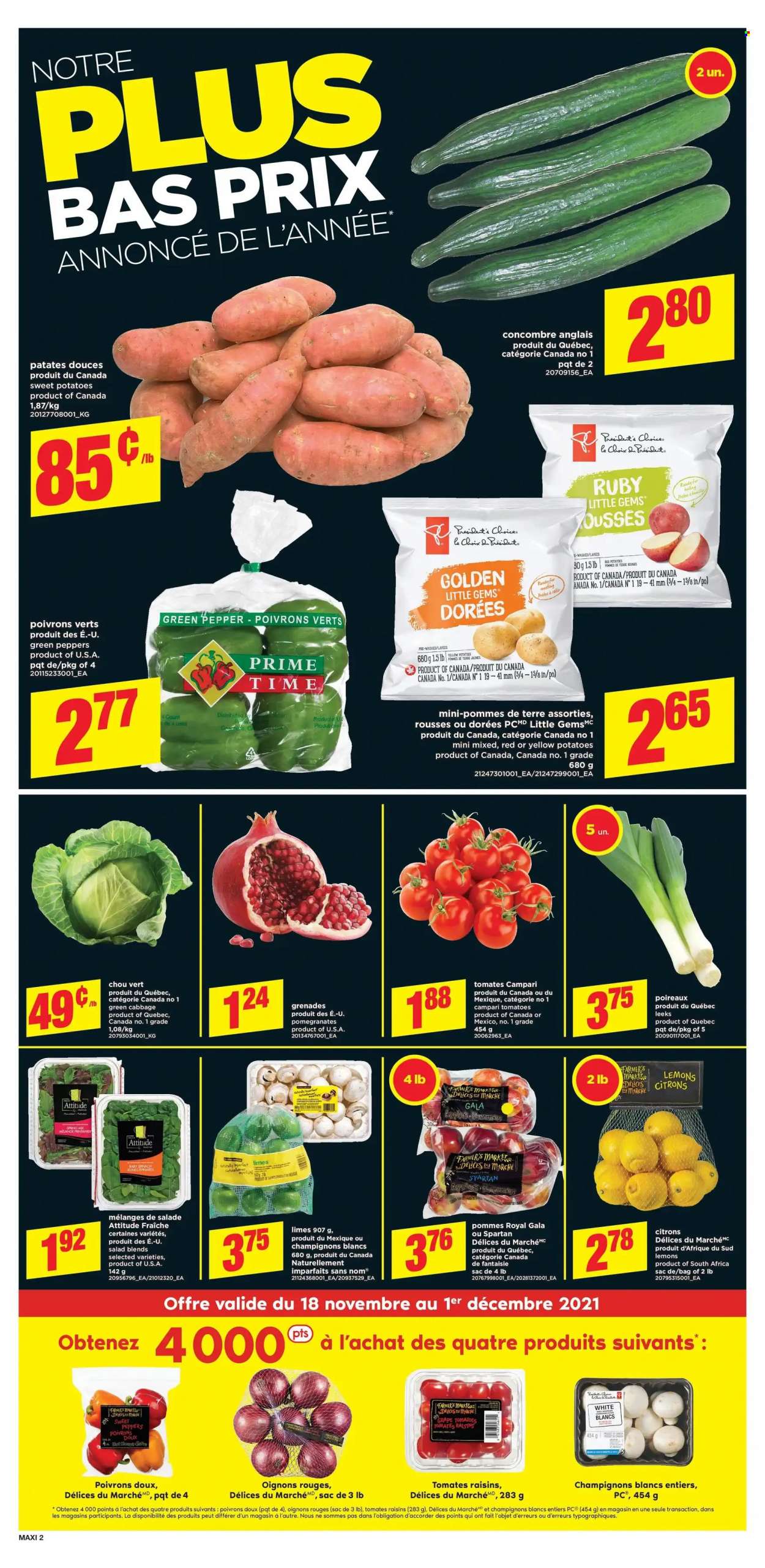 thumbnail - Maxi Flyer - November 18, 2021 - November 24, 2021 - Sales products - cabbage, spinach, sweet peppers, sweet potato, tomatoes, potatoes, salad, peppers, green pepper, Gala, limes, pomegranate, lemons, dried fruit, raisins. Page 3.