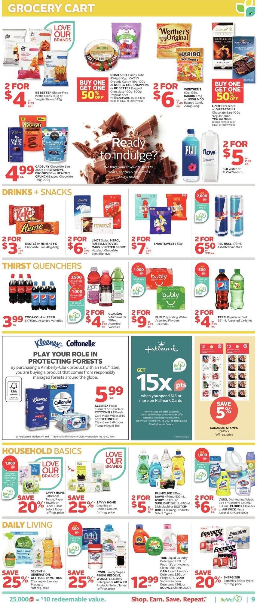 thumbnail - Rexall Flyer - November 12, 2021 - November 18, 2021 - Sales products - snack, Haribo, Mars, Reese's, Hershey's, dark chocolate, Cadbury, Merci, Dairy Milk, Ritter Sport, Ghirardelli, chocolate bar, Thins, Veggie Straws, Coca-Cola, Pepsi, Red Bull, flavored water, sparkling water, wipes, bath tissue, Cottonelle, Kleenex, kitchen towels, paper towels, Gain, Lysol, Clorox, Woolite, Tide, laundry detergent, Sunlight, Bounce, dishwashing liquid, Palmolive, Brite, Air Wick, Nestlé, detergent, Energizer, chips, Lindt. Page 10.