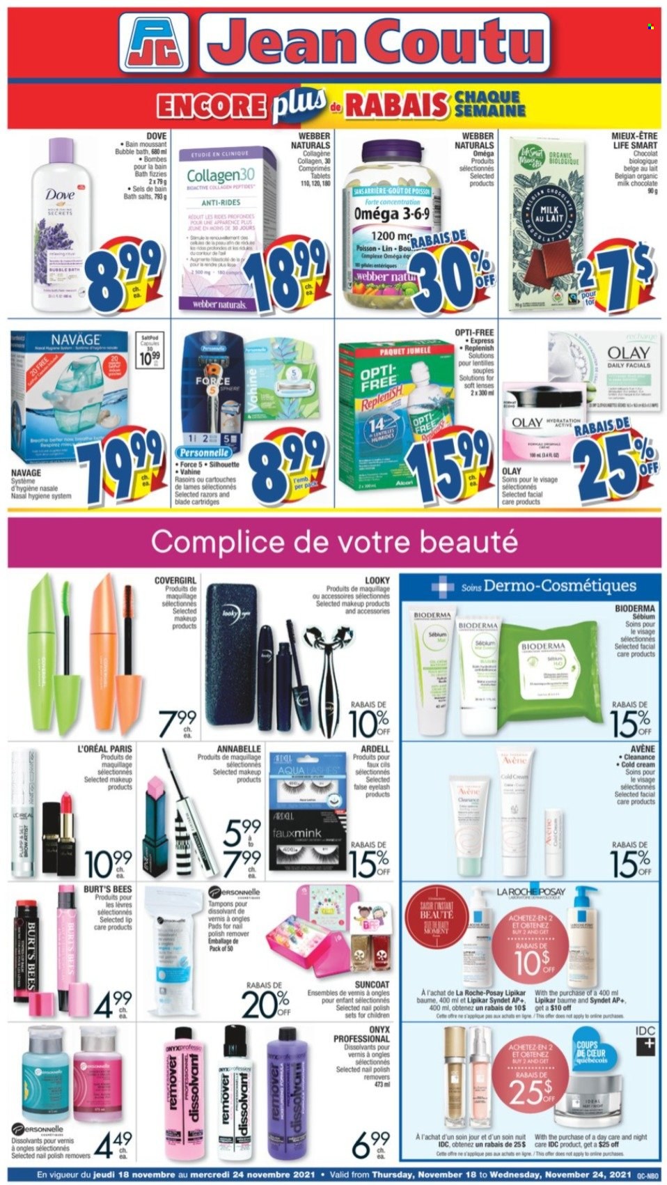 thumbnail - Jean Coutu Flyer - November 18, 2021 - November 24, 2021 - Sales products - milk chocolate, chocolate, bubble bath, tampons, Clinique, L’Oréal, La Roche-Posay, Olay, nail polish remover, makeup, Omega-3, lenses, Dove. Page 1.