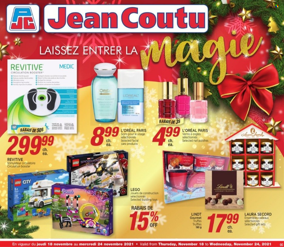 thumbnail - Jean Coutu Flyer - November 18, 2021 - November 24, 2021 - Sales products - Spiderman, L’Oréal, Revitive, toys, LEGO, LEGO City, LEGO Friends, Lindt. Page 1.