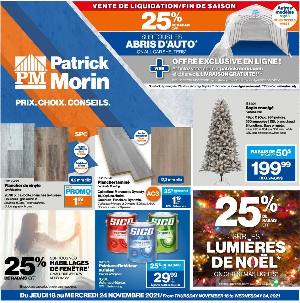thumbnail - Patrick Morin Flyer - November 18, 2021 - November 24, 2021 - Sales products - bulb, LED bulb, paint, christmas lights, flooring, laminate floor. Page 1.