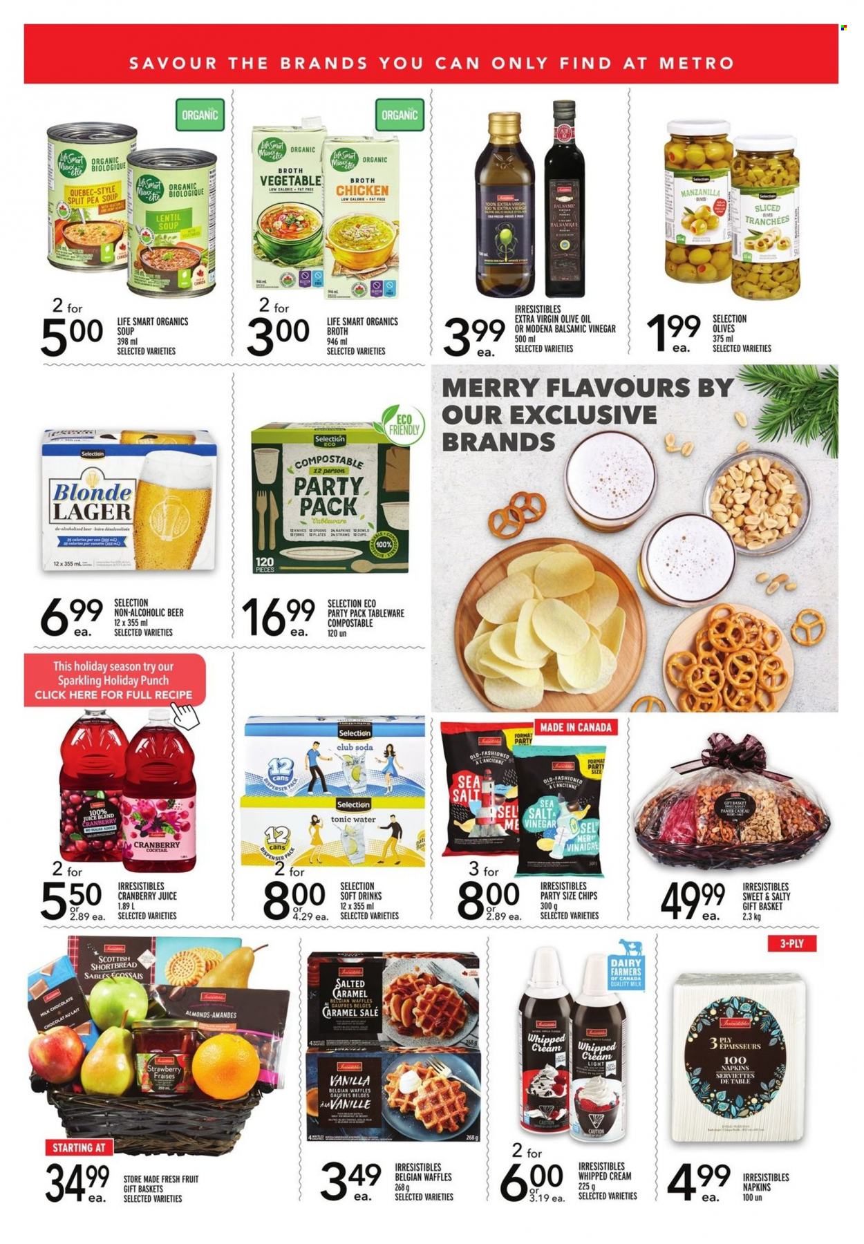 thumbnail - Metro Flyer - November 18, 2021 - December 15, 2021 - Sales products - waffles, soup, whipped cream, milk chocolate, chocolate, broth, caramel, balsamic vinegar, extra virgin olive oil, olive oil, almonds, cranberry juice, juice, tonic, soft drink, Club Soda, punch, beer, Lager, napkins, basket, spoon, tableware, plate, olives, chips. Page 4.