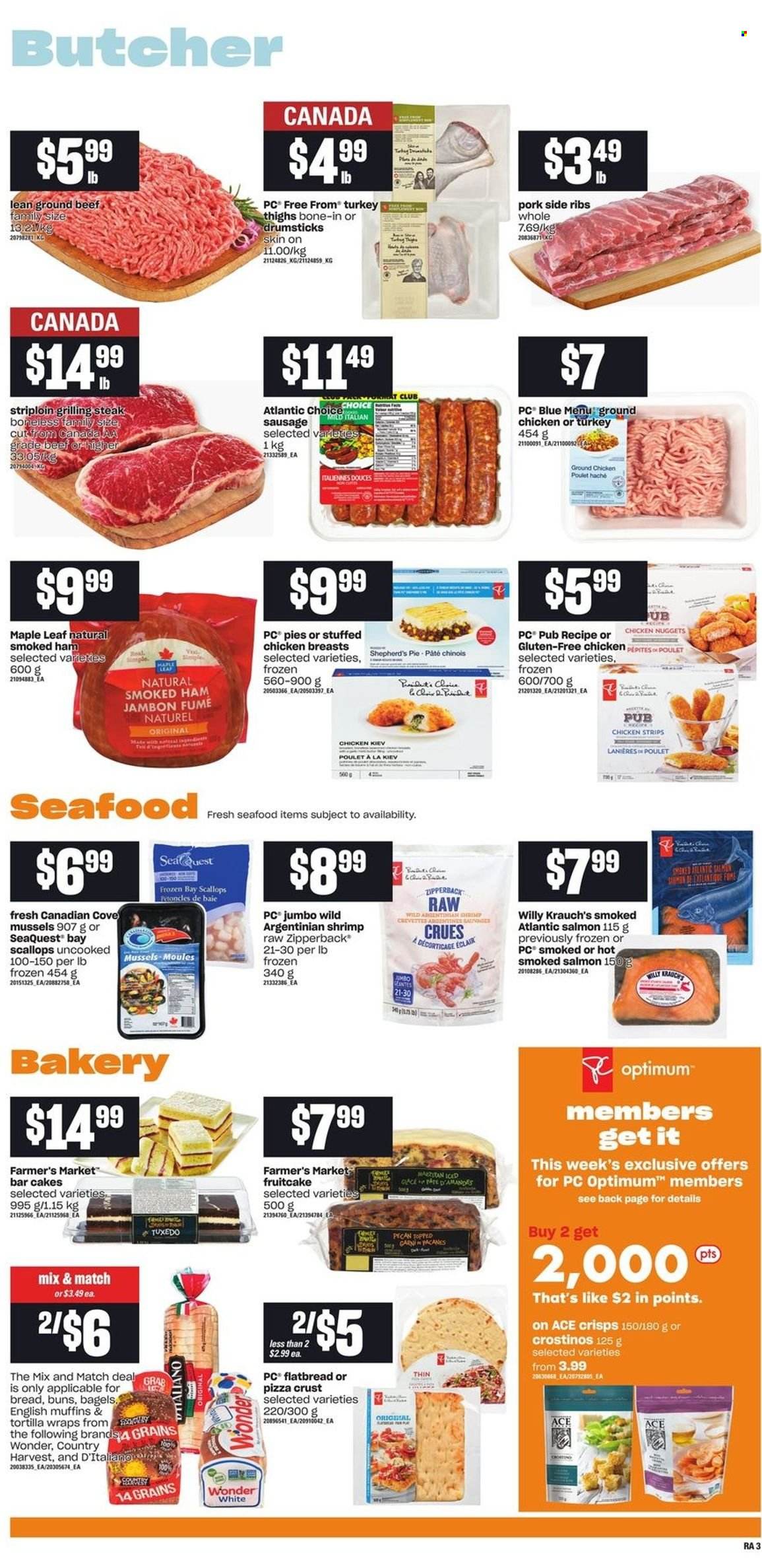thumbnail - Atlantic Superstore Flyer - November 18, 2021 - November 24, 2021 - Sales products - bagels, english muffins, tortillas, cake, buns, flatbread, wraps, mussels, salmon, scallops, smoked salmon, seafood, shrimps, pizza, nuggets, chicken nuggets, stuffed chicken, ham, smoked ham, sausage, Country Harvest, strips, chicken strips, Chicken Kiev, ground chicken, chicken, turkey, turkey thigh, beef meat, ground beef, Optimum, steak. Page 5.