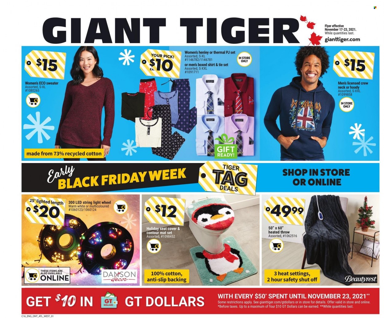 thumbnail - Giant Tiger Flyer - November 17, 2021 - November 23, 2021 - Sales products - contour, heated throw, sweater, string lights, car seat cover, shirt. Page 1.