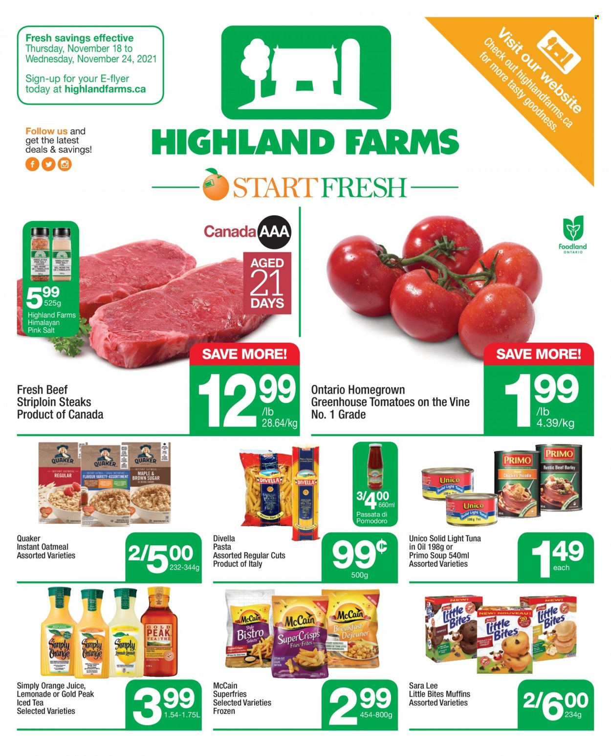 thumbnail - Circulaire Highland Farms - 18 Novembre 2021 - 24 Novembre 2021 - Produits soldés - steak, McCain. Page 1.