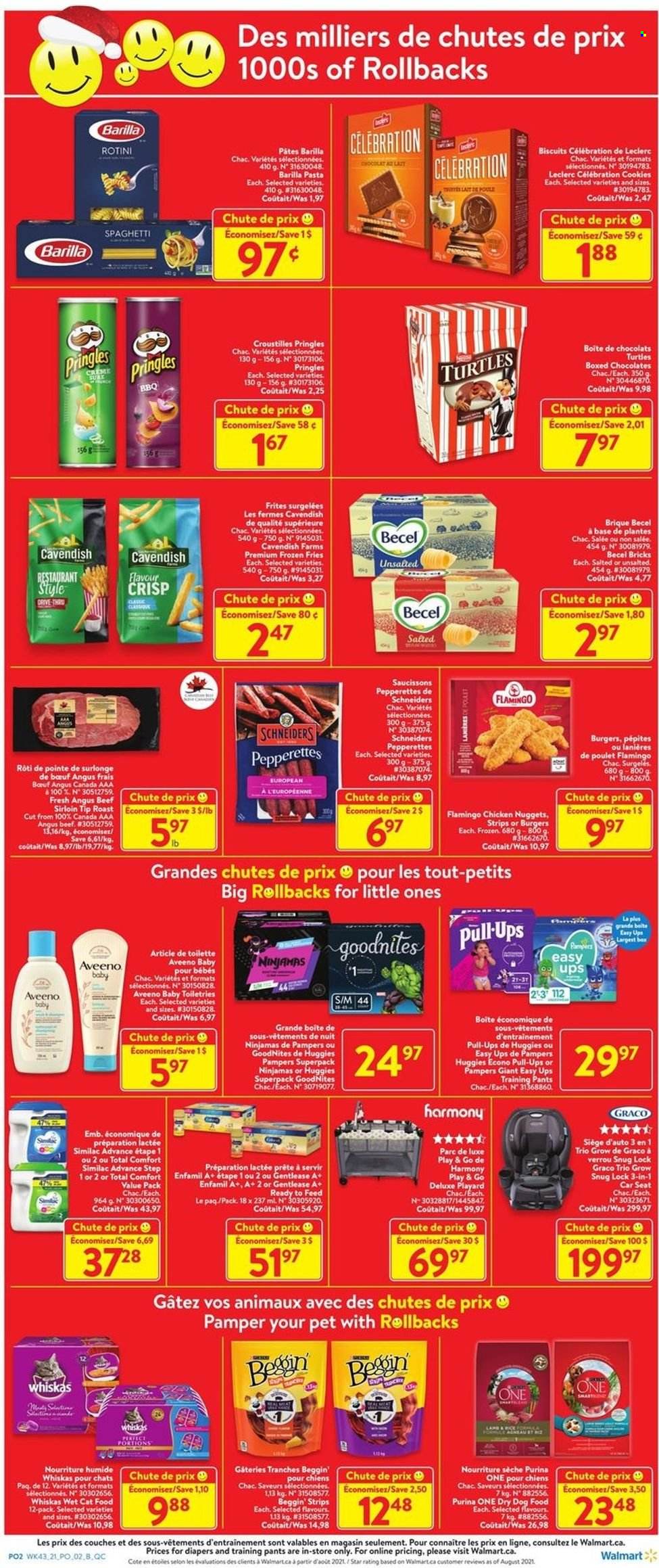 thumbnail - Walmart Flyer - November 18, 2021 - November 24, 2021 - Sales products - spaghetti, pasta, chicken nuggets, Barilla, strips, potato fries, cookies, chocolate, Celebration, biscuit, Pringles, Enfamil, Similac, beef meat, beef sirloin, pants, nappies, baby pants, Aveeno, Sure, turtles, animal food, cat food, dog food, Purina, dry dog food, Beggin', wet cat food, Snug, baby car seat, Huggies, Pampers, Whiskas. Page 2.