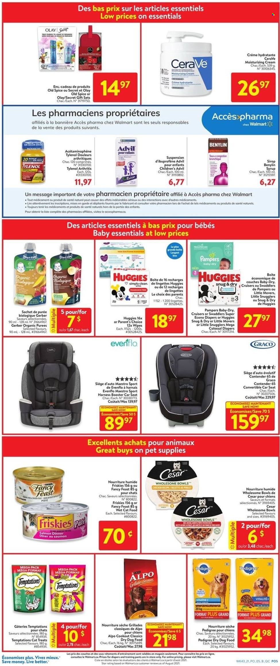 thumbnail - Walmart Flyer - November 18, 2021 - November 24, 2021 - Sales products - Gerber, spice, wipes, pants, nappies, baby pants, CeraVe, Olay, animal food, cat food, dog food, Pedigree, dry dog food, Fancy Feast, Friskies, Alpo, wet cat food, Snug, baby car seat, Tylenol, Advil Rapid, Benylin, Huggies, Pampers, Old Spice. Page 13.