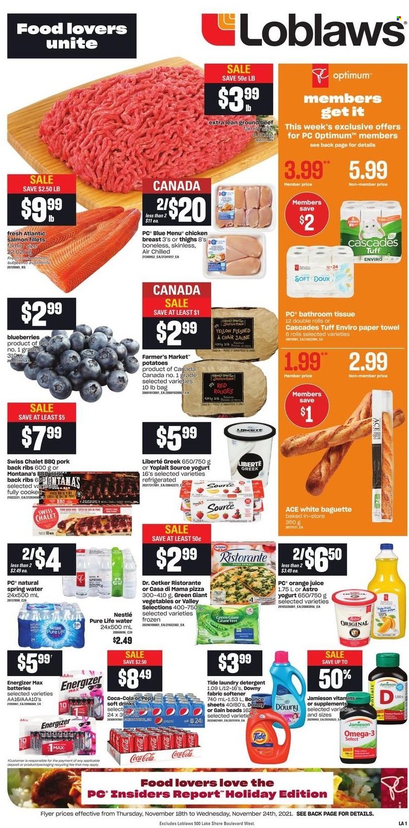 thumbnail - Loblaws Flyer - November 18, 2021 - November 24, 2021 - Sales products - potatoes, blueberries, salmon, salmon fillet, pizza, Dr. Oetker, yoghurt, Yoplait, Coca-Cola, Pepsi, orange juice, juice, soft drink, spring water, Pure Life Water, chicken breasts, chicken, beef meat, ground beef, pork meat, pork ribs, pork back ribs, bath tissue, paper towels, Gain, Tide, fabric softener, laundry detergent, Bounce, Downy Laundry, Optimum, Omega-3, Nestlé, baguette, detergent, Energizer. Page 1.