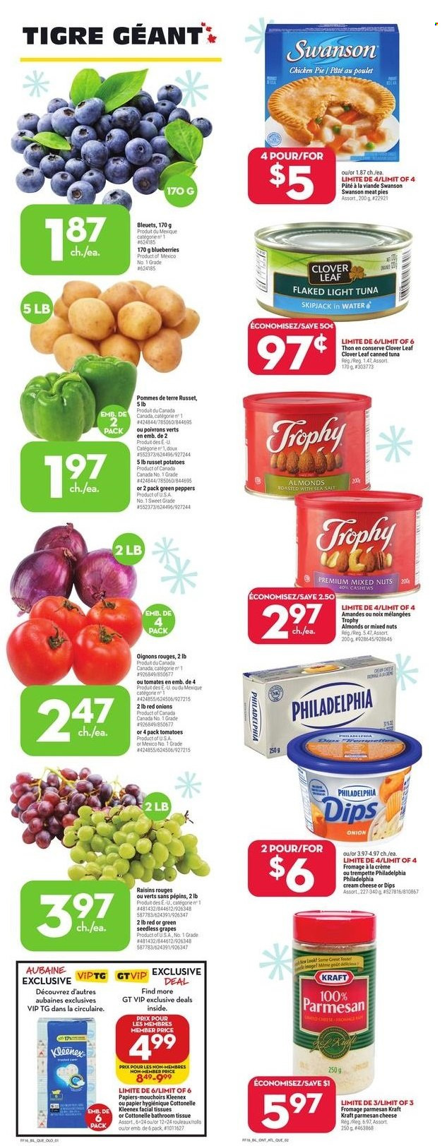 thumbnail - Giant Tiger Flyer - November 17, 2021 - November 23, 2021 - Sales products - pie, red onions, russet potatoes, tomatoes, potatoes, onion, peppers, blueberries, grapes, seedless grapes, tuna, Kraft®, parmesan, Clover, canned tuna, light tuna, almonds, cashews, dried fruit, mixed nuts, bath tissue, Cottonelle, Kleenex, facial tissues, raisins, Philadelphia. Page 1.