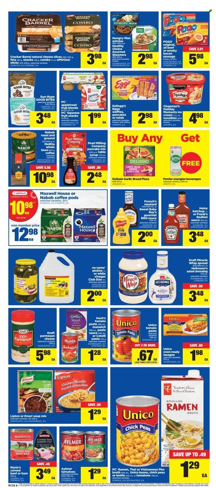 thumbnail - Real Canadian Superstore Flyer - November 18, 2021 - November 24, 2021 - Sales products - bread, waffles, peas, No Name, ramen, pizza, pasta sauce, soup mix, soup, sauce, noodles, lasagna meal, Healthy Choice, Kraft®, bacon, cooked ham, sausage, corned beef, sliced cheese, parmesan, feta, Miracle Whip, Hellmann’s, crackers, Kellogg's, fruit snack, bouillon, broth, lentils, tomato paste, Heinz, pickles, Manwich, BBQ sauce, mustard, salad dressing, dressing, vinegar, syrup, Perrier, Maxwell House, coffee pods, beef meat, Optimum, Moments, table, Knorr, ketchup, Lipton, toaster. Page 8.