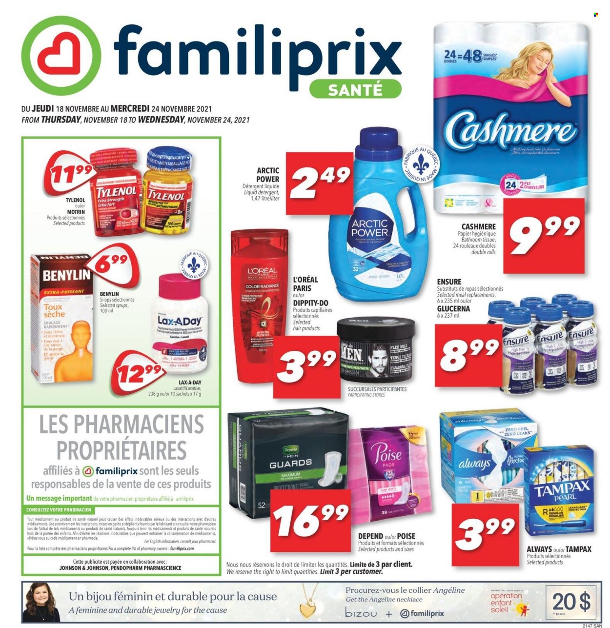 thumbnail - Circulaire Familiprix Santé - 18 Novembre 2021 - 24 Novembre 2021 - Produits soldés - papier toilette, shampooing, L'Oréal, Always, Tampax, détergent. Page 1.