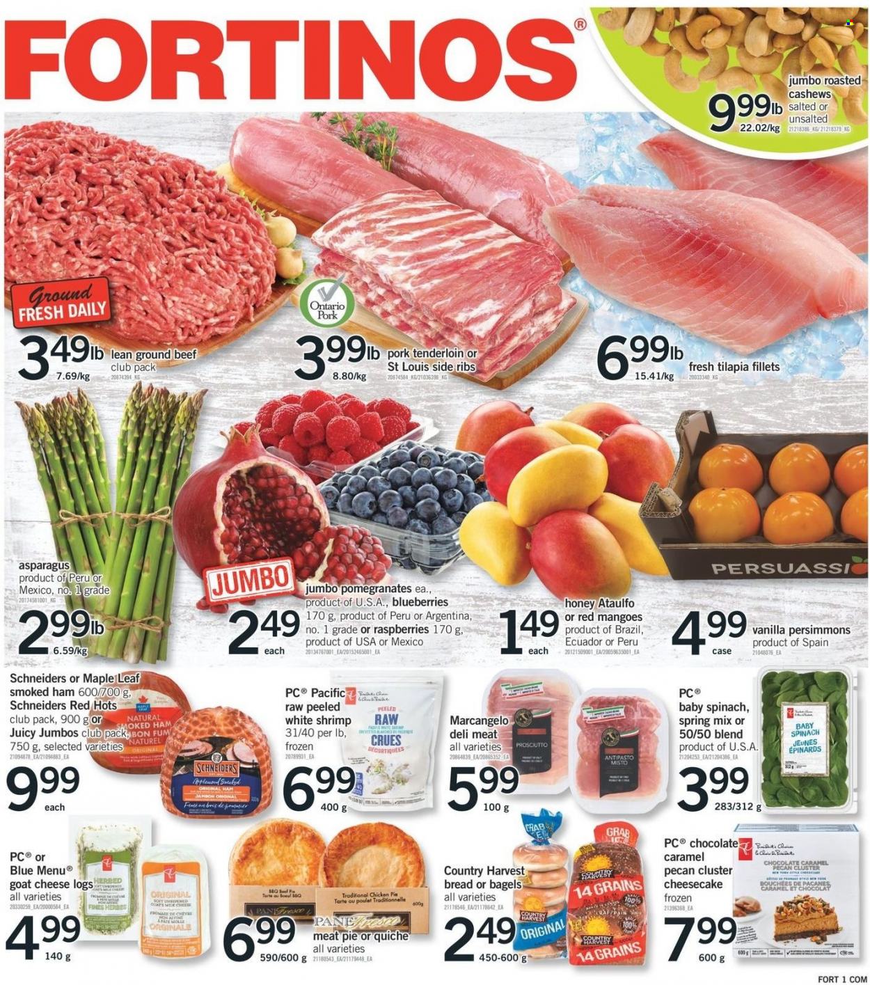 thumbnail - Fortinos Flyer - November 18, 2021 - November 24, 2021 - Sales products - bagels, bread, pie, cheesecake, asparagus, blueberries, mango, persimmons, pomegranate, tilapia, shrimps, ham, prosciutto, smoked ham, goat cheese, cheese, Country Harvest, quiche, chocolate, caramel, honey, cashews, beef meat, ground beef, pork meat, pork tenderloin. Page 1.