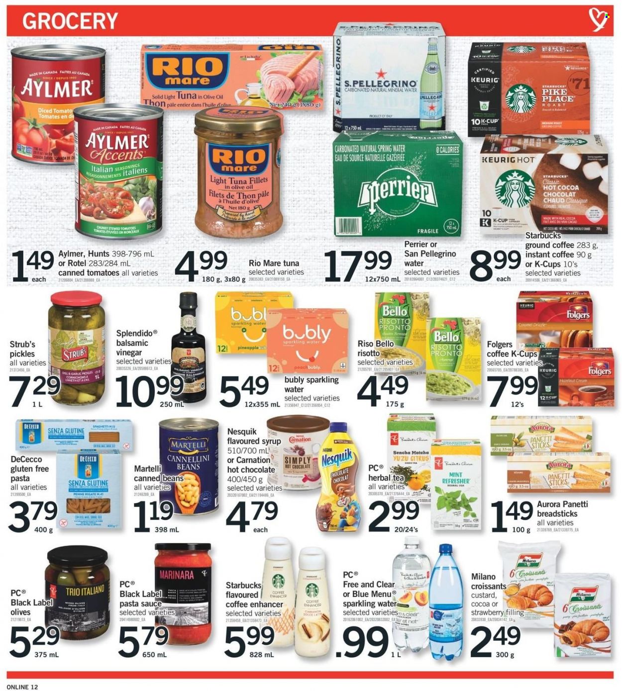 thumbnail - Fortinos Flyer - November 18, 2021 - November 24, 2021 - Sales products - croissant, tuna, risotto, pasta sauce, sauce, custard, bread sticks, cannellini beans, pickles, light tuna, penne, vinegar, syrup, Perrier, mineral water, spring water, sparkling water, San Pellegrino, hot cocoa, hot chocolate, matcha, tea, herbal tea, instant coffee, Folgers, ground coffee, coffee capsules, Starbucks, K-Cups, Keurig, refresher, Nesquik, olives. Page 12.