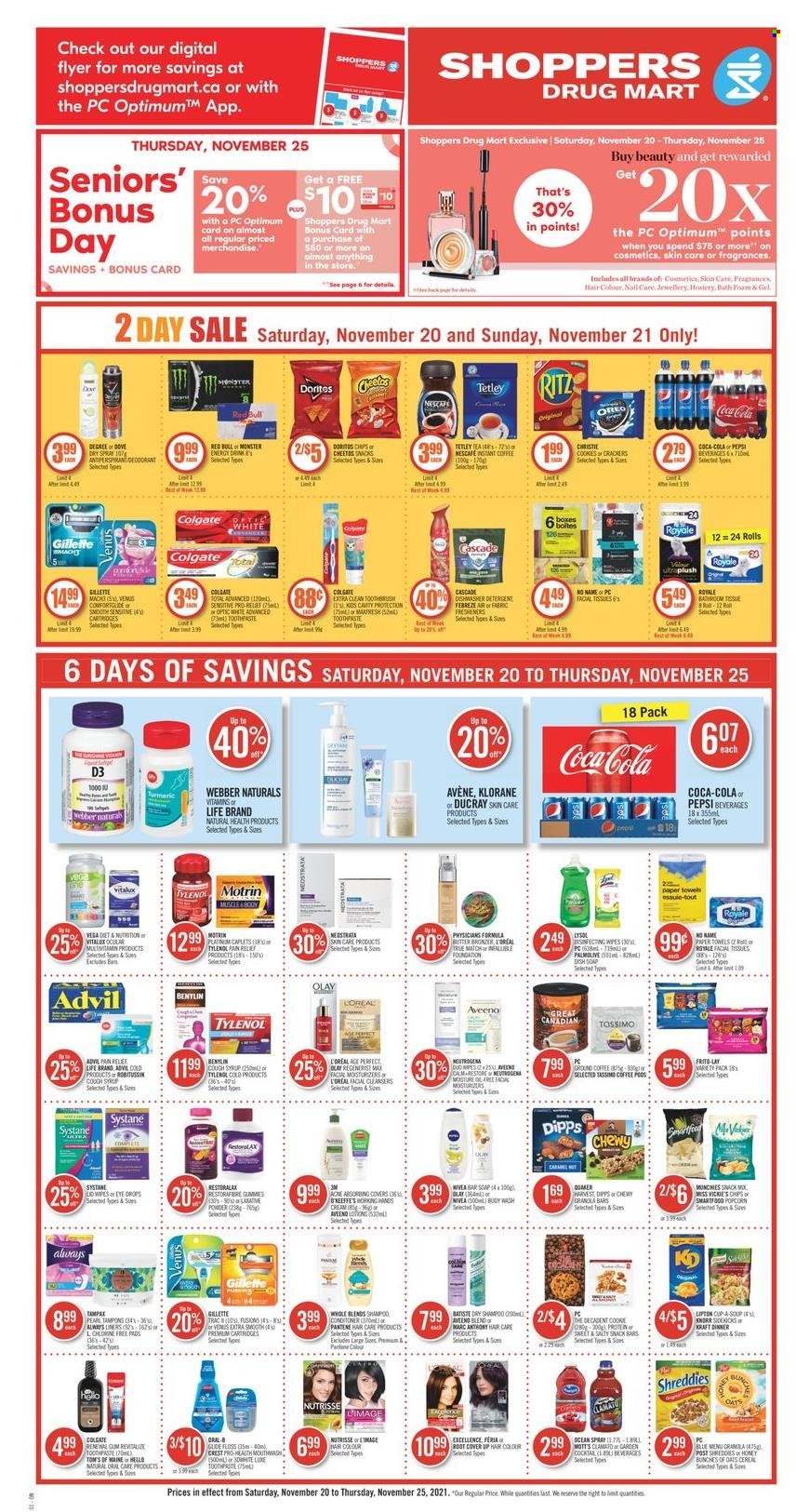 thumbnail - Shoppers Drug Mart Flyer - November 20, 2021 - November 25, 2021 - Sales products - snack, crackers, snack bar, Mott's, RITZ, Doritos, Cheetos, popcorn, Frito-Lay, soup, cereals, Ace, turmeric, Kraft®, syrup, Coca-Cola, Pepsi, Monster, Red Bull, coffee, ground coffee, wipes, Aveeno, tissues, kitchen towels, paper towels, Febreze, Lysol, Cascade, body wash, bath foam, Palmolive, soap bar, soap, toothpaste, Crest, tampons, facial tissues, L’Oréal, Olay, hair color, Klorane, Tylenol, Advil Rapid, vitamin D3, Benylin, Motrin, bra, Oreo, Colgate, Gillette, granola, Neutrogena, shampoo, Systane, Pantene, Nivea, Nescafé. Page 1.