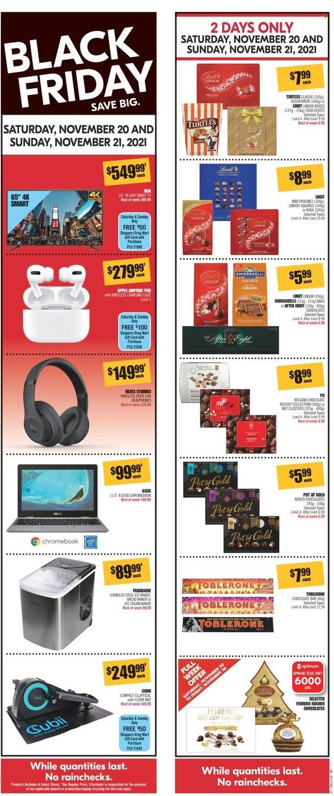 thumbnail - Shoppers Drug Mart Flyer - November 20, 2021 - November 25, 2021 - Sales products - biscuit, Toblerone, After Eight, Ghirardelli, chocolate bar, bag, Asus, pralines, Lindt, Lindor, Ferrero Rocher. Page 2.