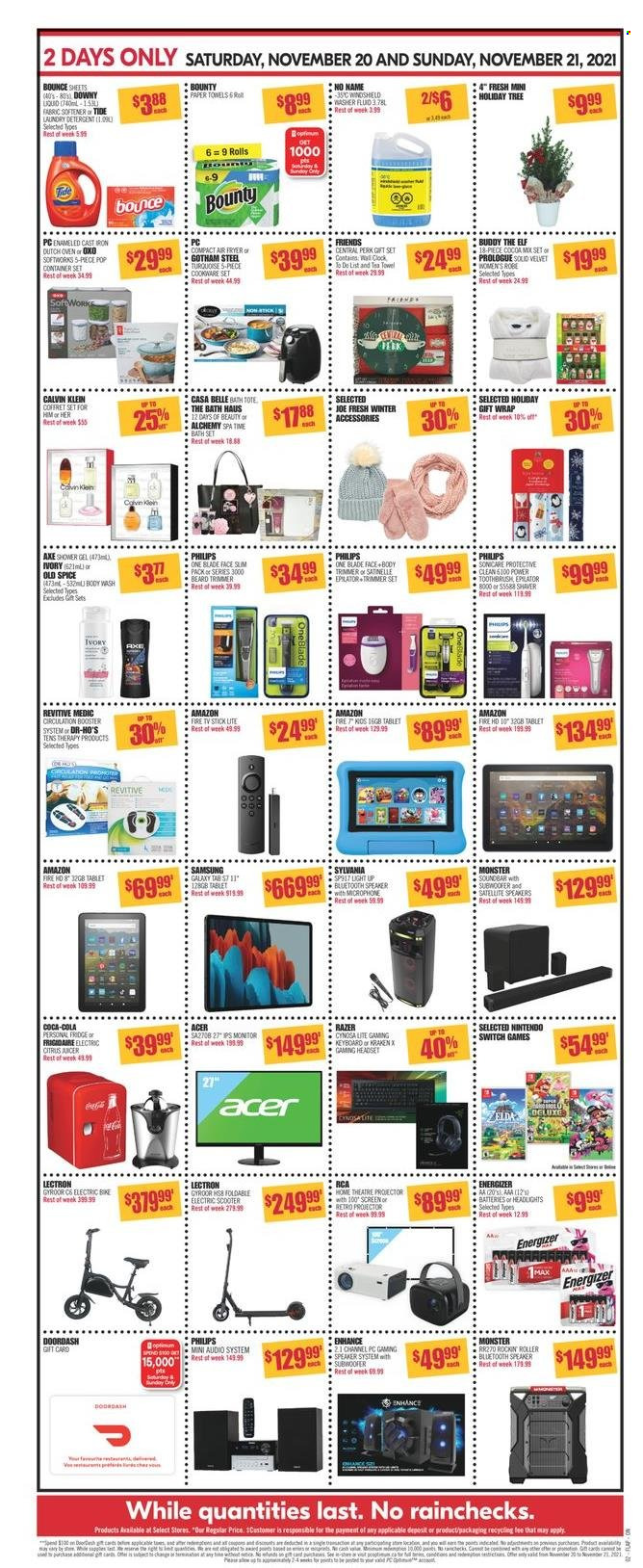 thumbnail - Shoppers Drug Mart Flyer - November 20, 2021 - November 25, 2021 - Sales products - Philips, gift set, Bounty, cocoa, spice, Coca-Cola, Monster, kitchen towels, paper towels, Tide, fabric softener, Bounce, shaver, trimmer, Sonicare, epilator, Satinelle, roller, Revitive, tote, Calvin Klein, Energizer, Razer, Old Spice. Page 4.