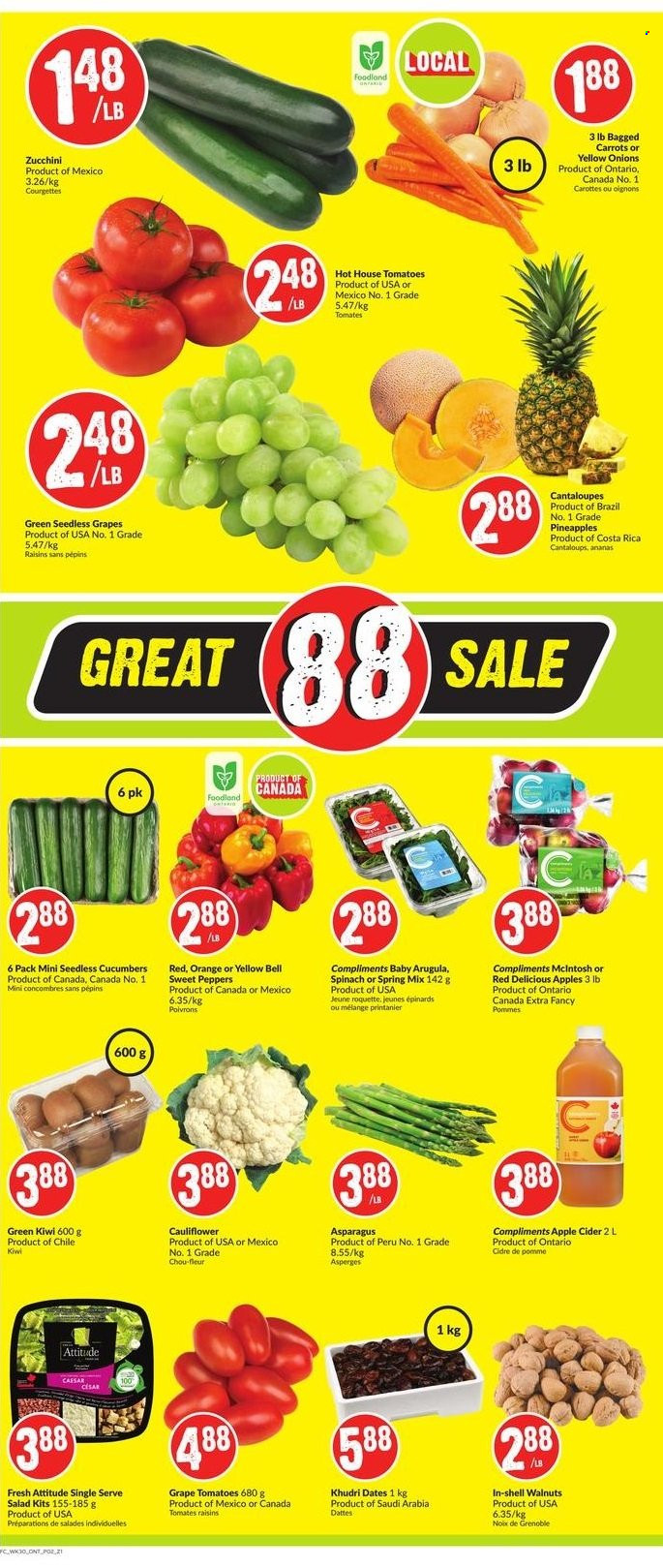 thumbnail - Chalo! FreshCo. Flyer - November 18, 2021 - November 24, 2021 - Sales products - asparagus, cantaloupe, carrots, cauliflower, cucumber, sweet peppers, tomatoes, zucchini, onion, salad, peppers, Red Delicious apples, seedless grapes, pineapple, walnuts, dried fruit, apple cider, cider, kiwi, raisins, oranges. Page 2.