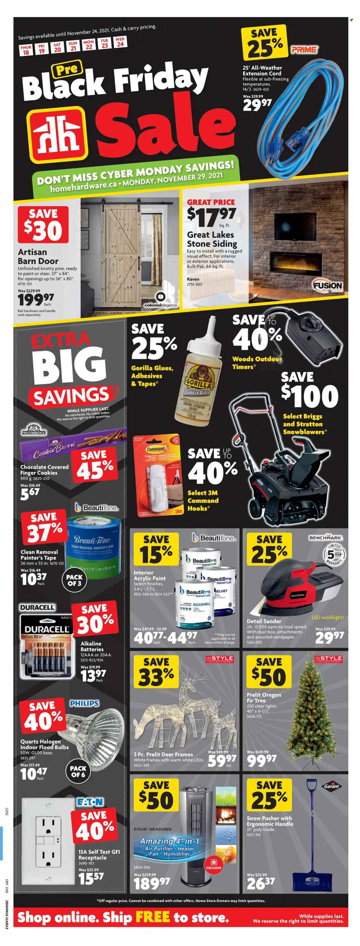 thumbnail - Home Hardware Building Centre Flyer - November 18, 2021 - November 24, 2021 - Sales products - Philips, air purifier, glue, paint, heater, siding, hook, extension cord, battery. Page 1.