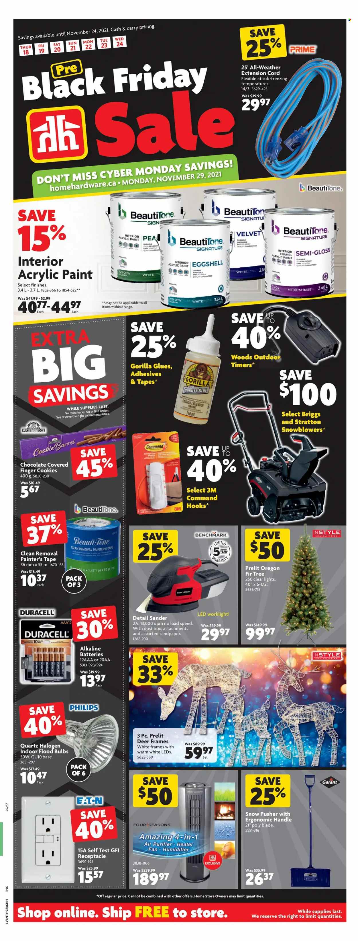 thumbnail - Home Hardware Flyer - November 18, 2021 - November 24, 2021 - Sales products - Philips, air purifier, glue, paint, heater, hook, extension cord. Page 1.