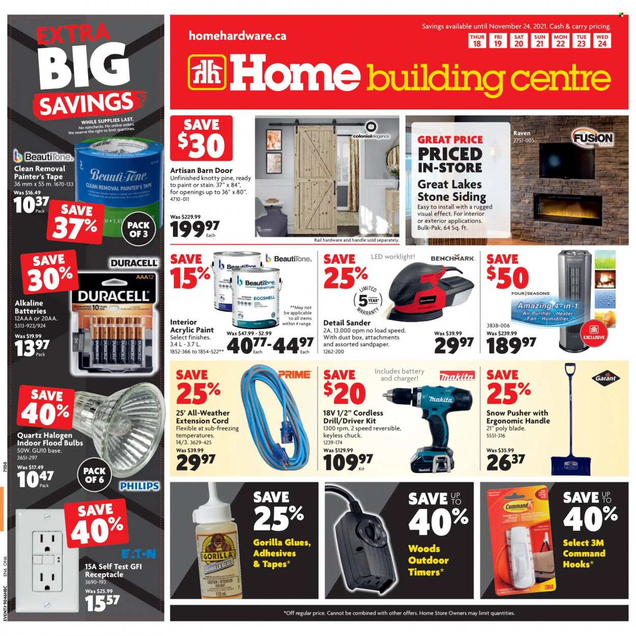 thumbnail - Home Building Centre Flyer - November 18, 2021 - November 24, 2021 - Sales products - Philips, air purifier, humidifier, glue, heater, siding, drill, extension cord. Page 1.