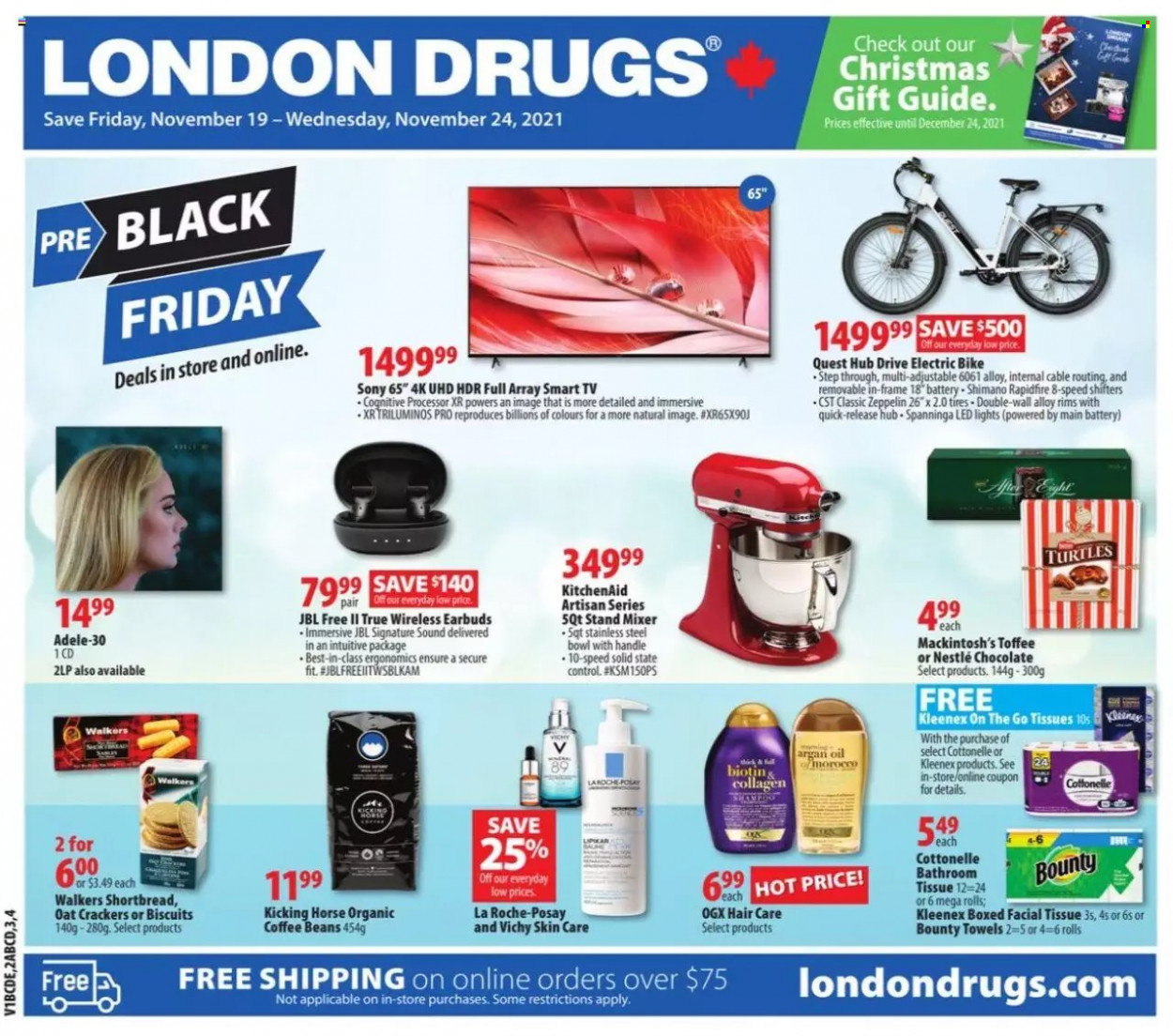 thumbnail - Circulaire London Drugs - 19 Novembre 2021 - 24 Novembre 2021 - Produits soldés - téléviseur, smart tv, Sony, biscuits, Nestlé, crackers, JBL, Vichy, Kitchenaid, La Roche-Posay. Page 1.