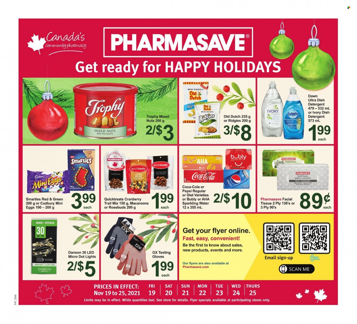 thumbnail - Pharmasave Flyer - November 19, 2021 - November 25, 2021 - Sales products - macaroons, Cadbury, peanuts, mixed nuts, trail mix, Coca-Cola, Pepsi, sparkling water, tissues, facial tissues, gloves, detergent, Smarties. Page 1.