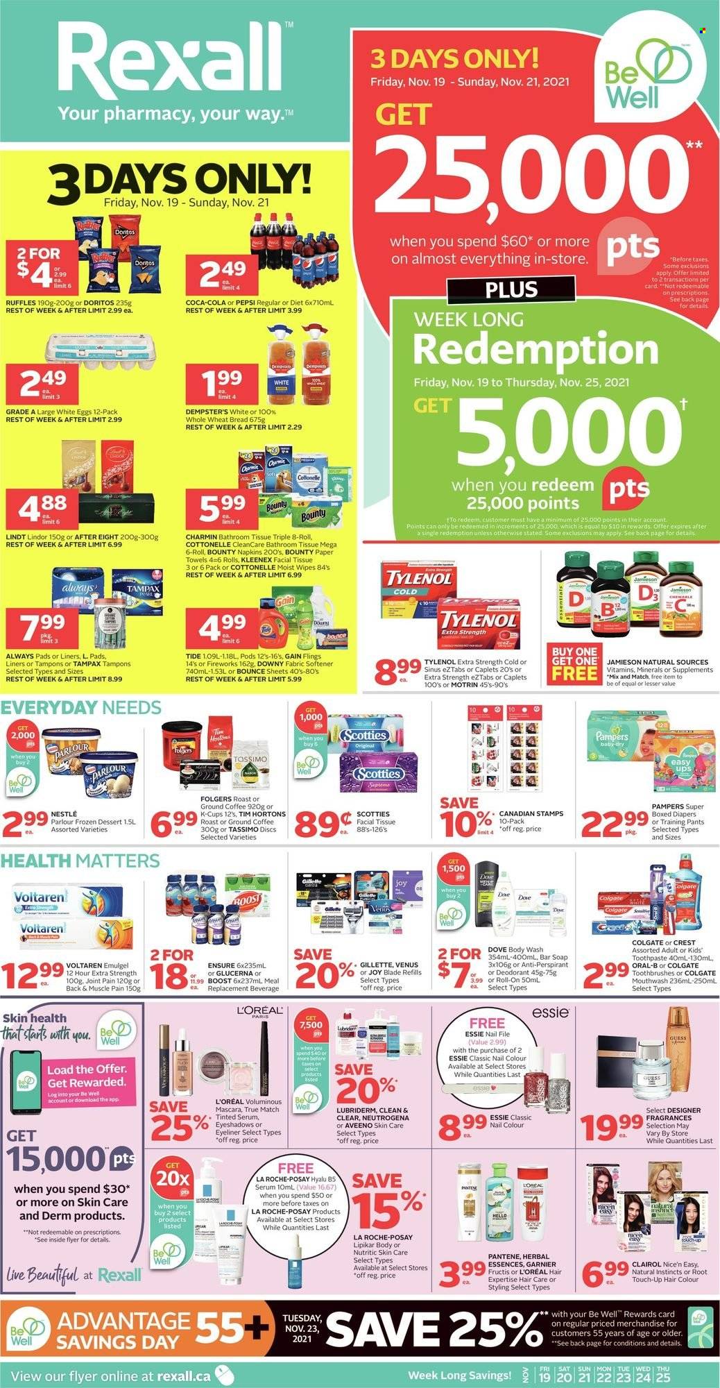 thumbnail - Rexall Flyer - November 19, 2021 - November 25, 2021 - Sales products - Bounty, After Eight, Doritos, Ruffles, Coca-Cola, Pepsi, Boost, coffee, Folgers, ground coffee, coffee capsules, K-Cups, wipes, pants, nappies, napkins, baby pants, Aveeno, bath tissue, Cottonelle, Kleenex, kitchen towels, paper towels, Charmin, Gain, Tide, fabric softener, Bounce, Downy Laundry, Joy, body wash, soap bar, soap, toothpaste, mouthwash, Crest, Always pads, sanitary pads, tampons, L’Oréal, La Roche-Posay, serum, Clean & Clear, Root Touch-Up, Clairol, hair color, Herbal Essences, Fructis, Lubriderm, anti-perspirant, roll-on, Guess, Venus, eyeshadow, mascara, eyeliner, Tylenol, Glucerna, Motrin, Nestlé, Dove, Colgate, Garnier, Gillette, Neutrogena, Tampax, Pampers, Pantene, Oral-B, Lindt, Lindor, deodorant. Page 1.