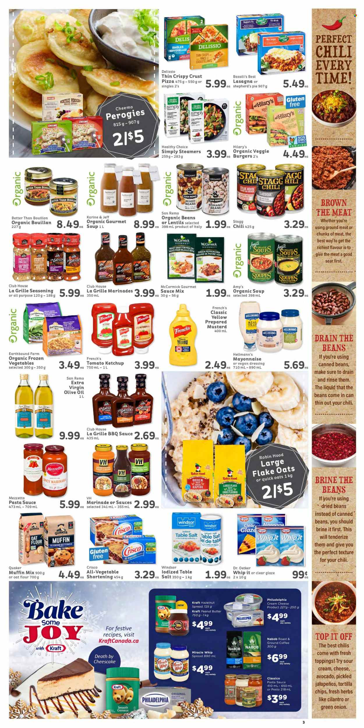 thumbnail - IGA Simple Goodness Flyer - November 19, 2021 - November 25, 2021 - Sales products - pie, muffin mix, garlic, green beans, avocado, pizza, pasta sauce, soup, hamburger, Quaker, lasagna meal, Healthy Choice, Kraft®, cream cheese, Dr. Oetker, buttermilk, mayonnaise, Miracle Whip, Hellmann’s, frozen vegetables, tortilla chips, bouillon, Crisco, shortening, lentils, Quick Oats, cilantro, spice, BBQ sauce, mustard, dressing, marinade, Classico, olive oil, oil, peanut butter, coffee, ground coffee, rosé wine, ketchup, pesto, Philadelphia, steak. Page 3.