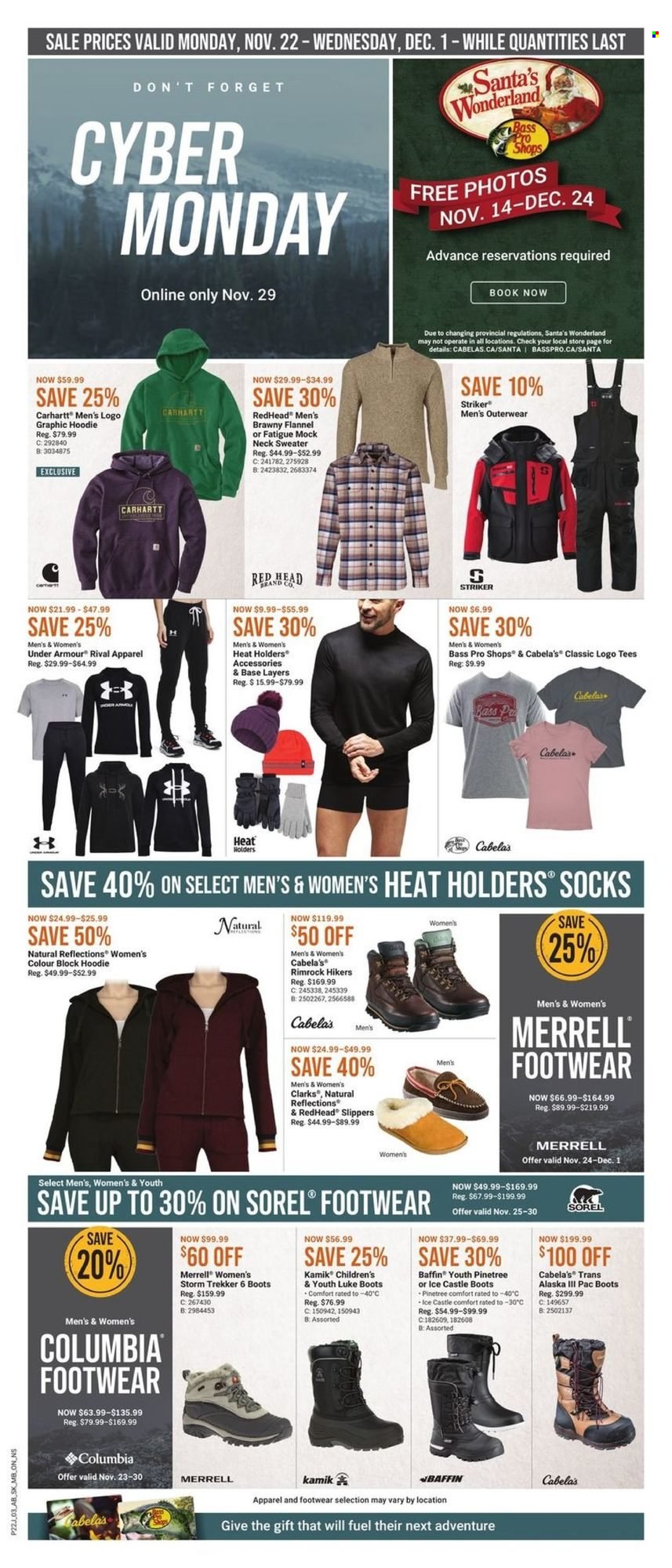 thumbnail - Bass Pro Shops Flyer - November 22, 2021 - December 01, 2021 - Sales products - Santa, Columbia, t-shirt, sweater, hoodie, socks, boots, slippers, hiking shoes, Bass Pro, Under Armour. Page 3.