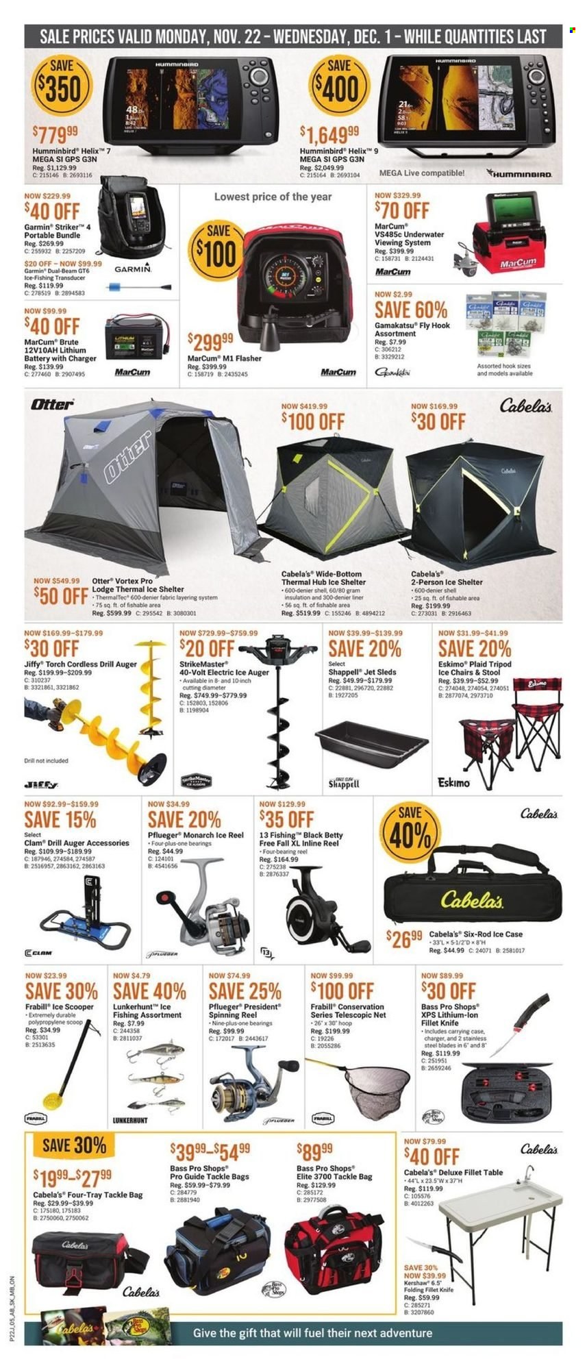 thumbnail - Bass Pro Shops Flyer - November 22, 2021 - December 01, 2021 - Sales products - Garmin, Monarch, tripod, Bass Pro, torch, chair, Kershaw, reel, spinning reel, ice fishing, ice shelter, tackle bag, Jiffy. Page 5.