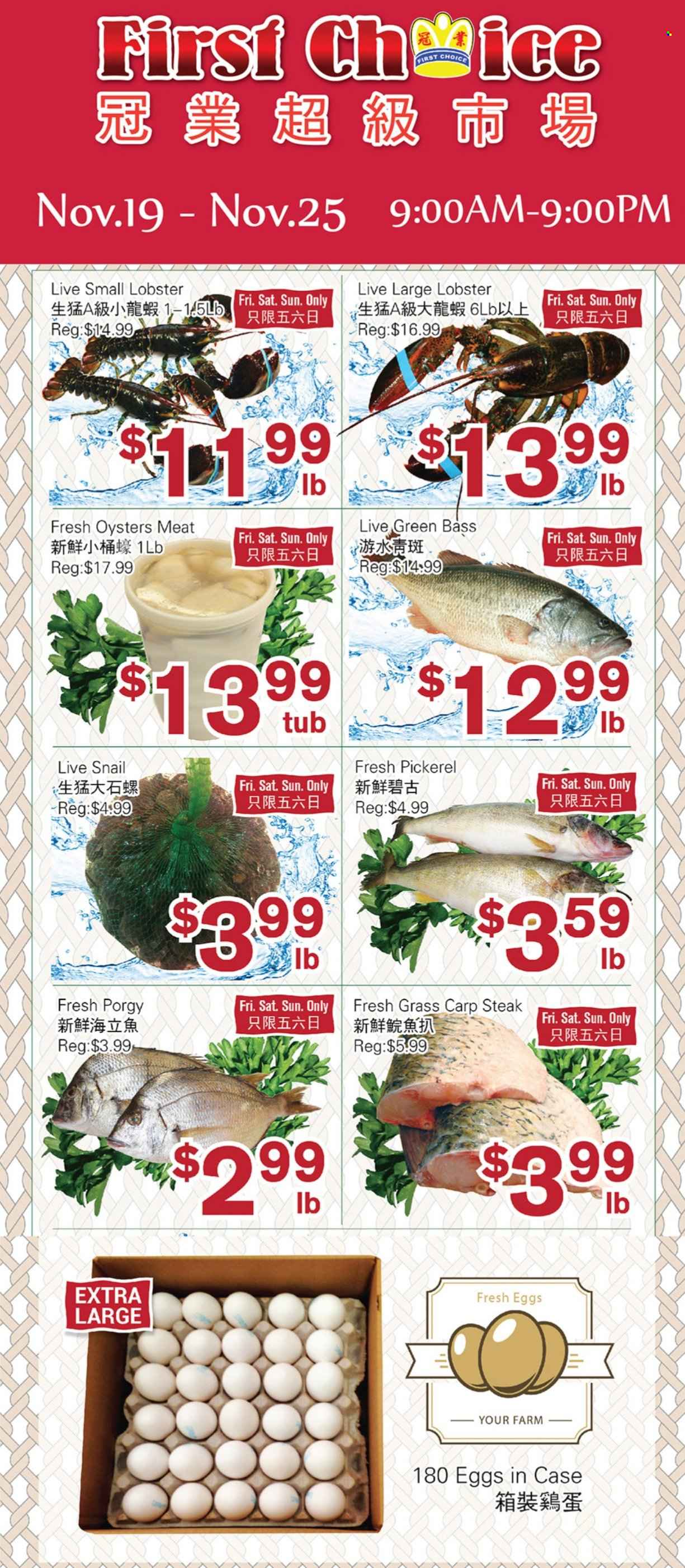 thumbnail - First Choice Supermarket Flyer - November 19, 2021 - November 25, 2021 - Sales products - lobster, oysters, carp, walleye, eggs, steak. Page 1.