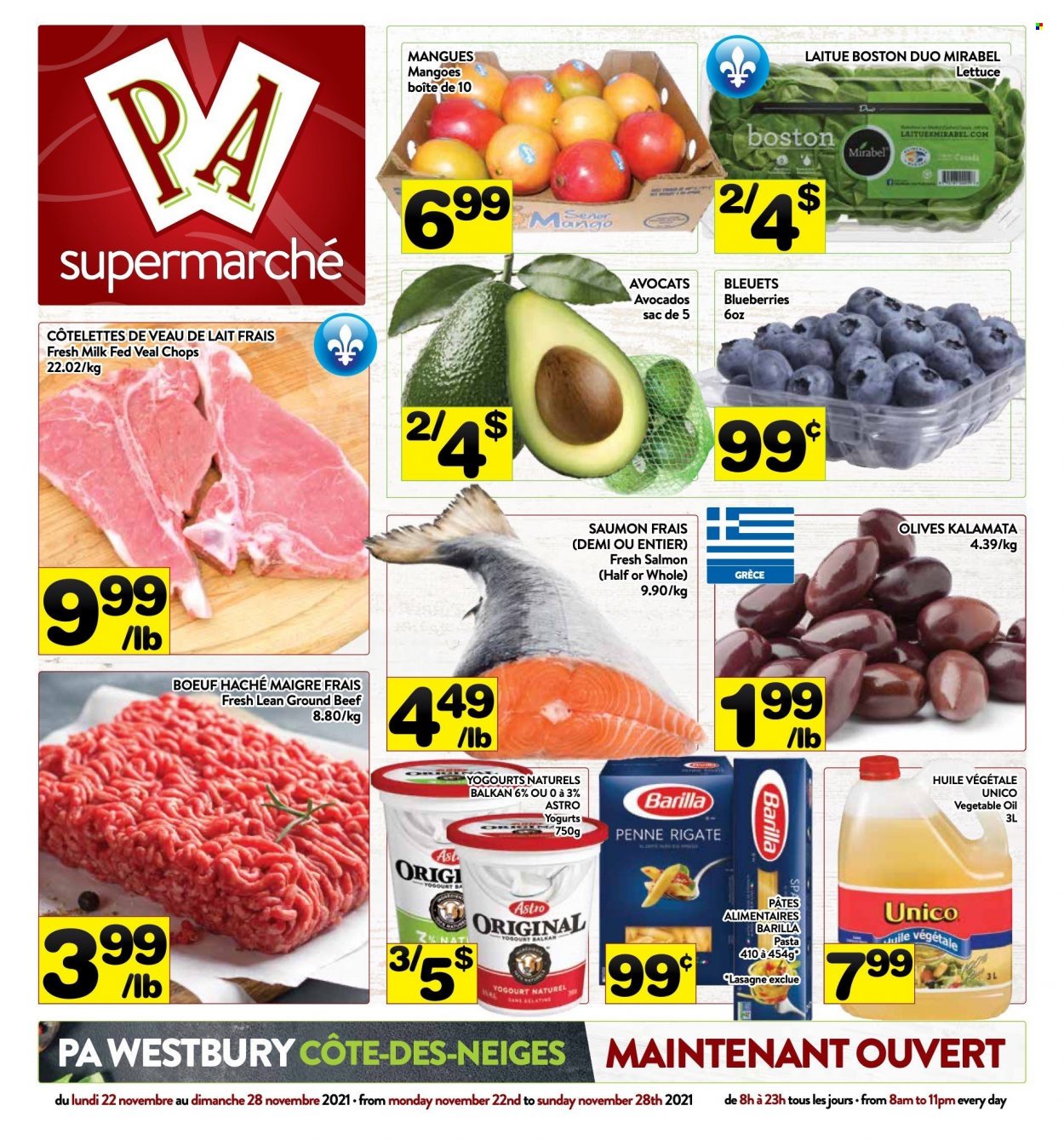 thumbnail - Circulaire PA Supermarché - 22 Novembre 2021 - 28 Novembre 2021 - Produits soldés - viande de veau, saumon, lasagnes, pâtes, olives, huile. Page 1.