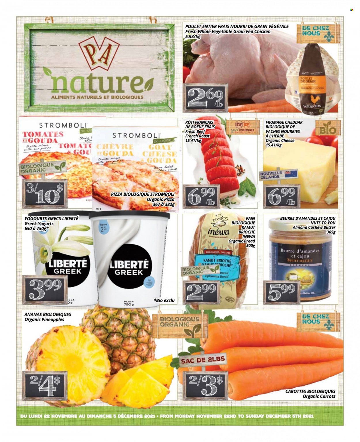 thumbnail - Circulaire PA Nature - 22 Novembre 2021 - 05 Décembre 2021 - Produits soldés - brioche, pain, carotte, ananas, poulet, pizza, beurre. Page 1.