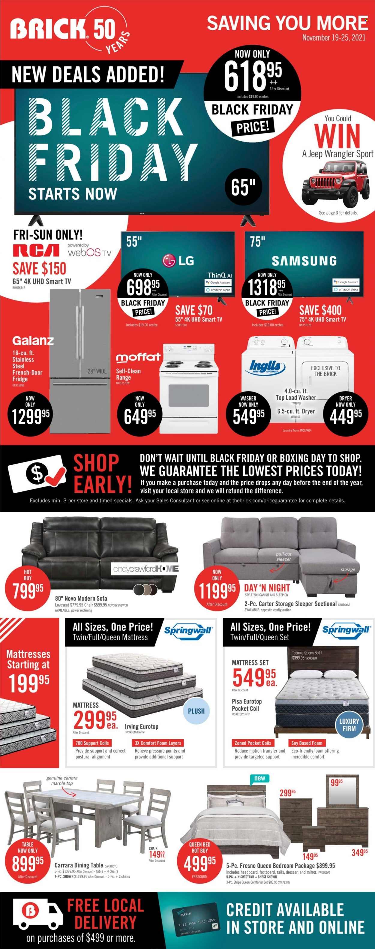 thumbnail - The Brick Flyer - November 19, 2021 - November 25, 2021 - Sales products - refrigerator, fridge, washing machine, dining table, table, chair, loveseat, sofa, bed, queen bed, headboard, mattress, dresser, nightstand, mirror, smart tv. Page 1.