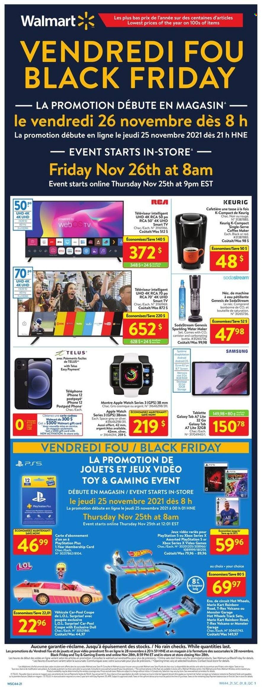 thumbnail - Walmart Flyer - November 25, 2021 - November 28, 2021 - Sales products - Apple, Samsung Galaxy, Samsung Galaxy Tab, Monster, Keurig, Hot Wheels, canister, SodaStream, Samsung, iPhone, phone, iPhone 12, RCA, PlayStation, PlayStation Plus, PlayStation 5, Xbox Series X, UHD TV, TV, coffee machine, water maker, watch, doll, toys, pool, smart tv, Apple Watch, Xbox. Page 1.