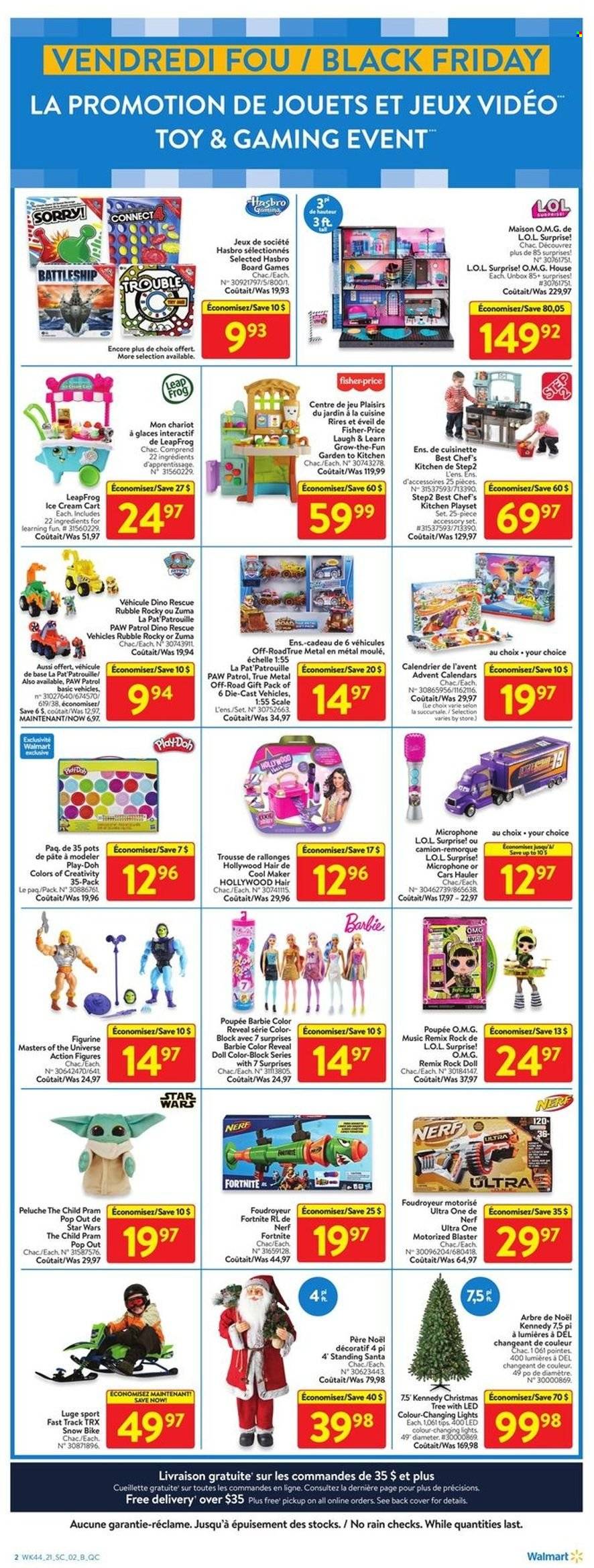 thumbnail - Walmart Flyer - November 25, 2021 - November 28, 2021 - Sales products - scale, Paw Patrol, Santa, Barbie, pot, microphone, doll, LeapFrog, play set, Hasbro, toys, Fisher-Price, pram, board game, cart, Nerf, Play-doh. Page 2.