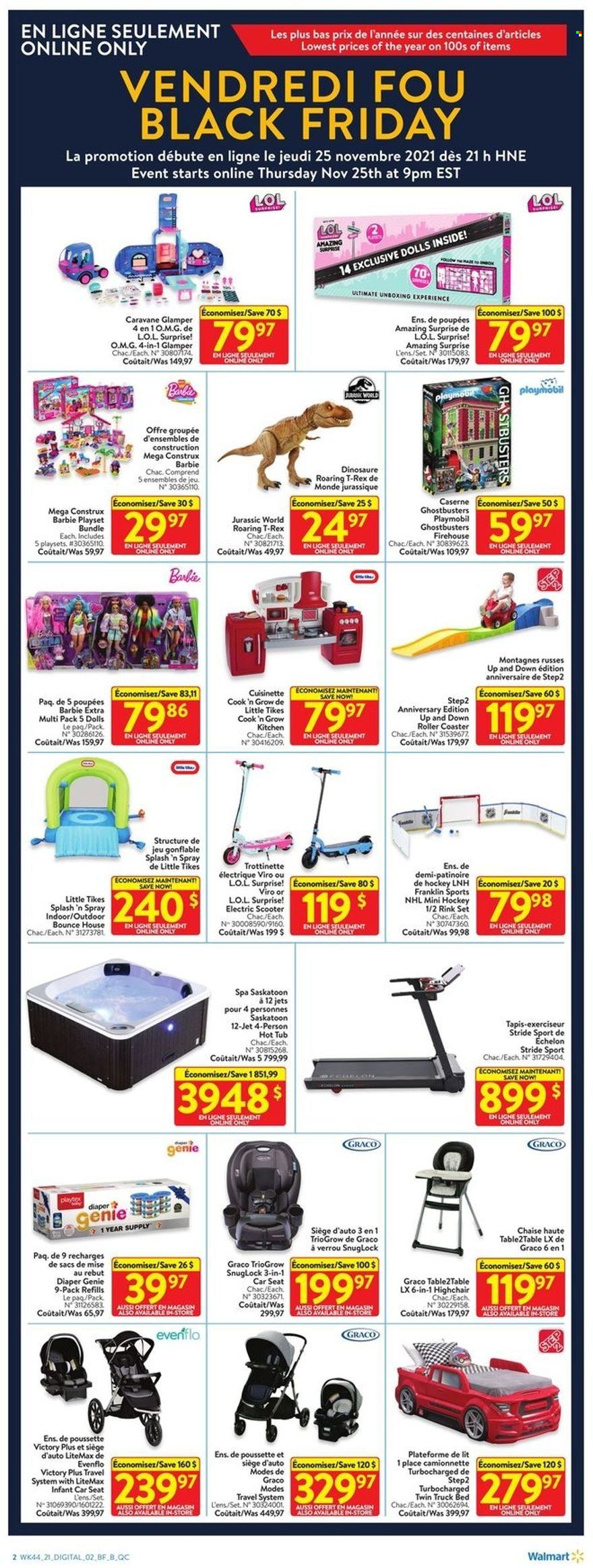 thumbnail - Walmart Flyer - November 25, 2021 - November 28, 2021 - Sales products - Bounce, Jet, Playtex, Barbie, roller, electric scooter, high chair, doll, play set, L.O.L. Surprise, Little Tikes, baby car seat, Playmobil. Page 8.