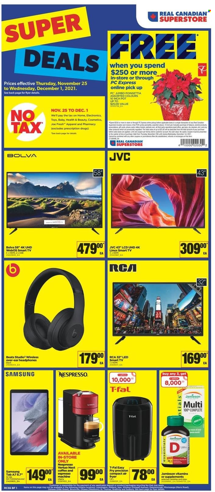 thumbnail - Real Canadian Superstore Flyer - November 25, 2021 - December 01, 2021 - Sales products - webos, cherries, coffee, Nespresso, pot, RCA, JVC, TV, Beats, headphones, air fryer, toys, poinsettia, smart tv. Page 1.