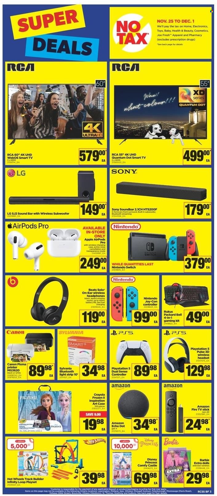 thumbnail - Real Canadian Superstore Flyer - November 25, 2021 - December 01, 2021 - Sales products - Sony, Nintendo Switch, webos, Apple, Amazon Fire, Disney, Castle, Hot Wheels, Infinity, Barbie, crayons, battery, Sylvania, RCA, PlayStation, PlayStation 5, TV, Beats, Amazon Echo Dot, subwoofer, wireless subwoofer, Amazon Echo, sound bar, headset, wireless headphones, headphones, Airpods, Apple AirPods Pro, Fire TV Stick, doll, play set, toys, princess, light strip, Canon, LG, smart tv. Page 3.