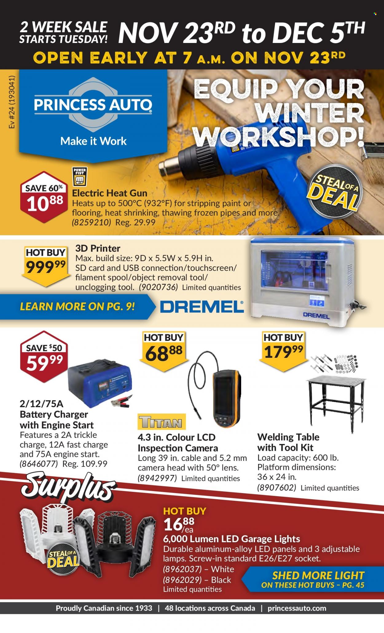 thumbnail - Princess Auto Flyer - November 23, 2021 - December 05, 2021 - Sales products - paint, socket, flooring, tool set, table, shed, battery charger. Page 1.