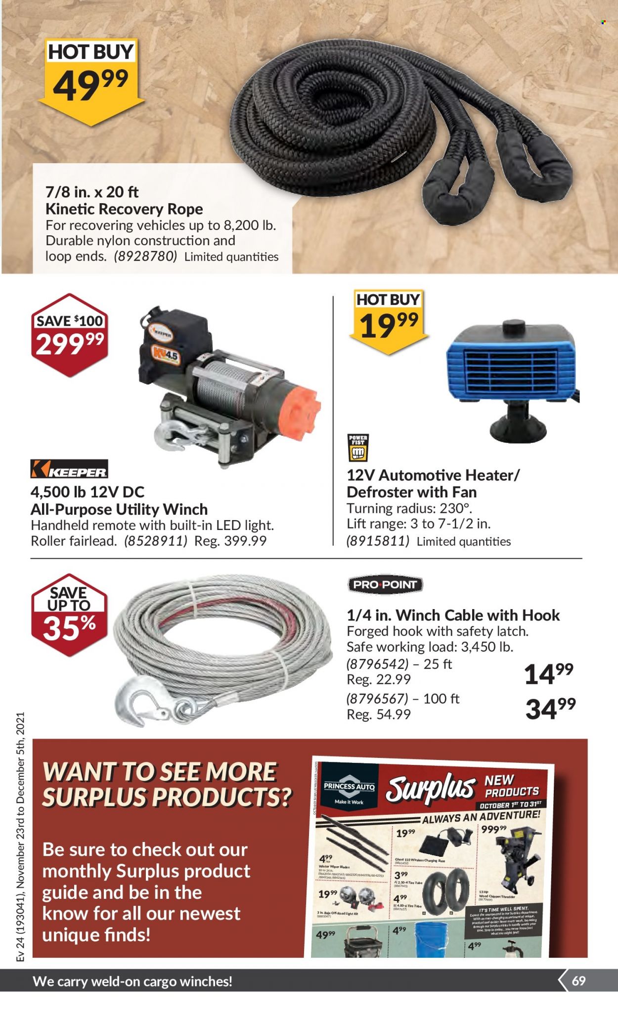 thumbnail - Princess Auto Flyer - November 23, 2021 - December 05, 2021 - Sales products - roller, LED light, shredder, chipper, winch, tool bag, sprayer, wiper blades, booster cables. Page 70.