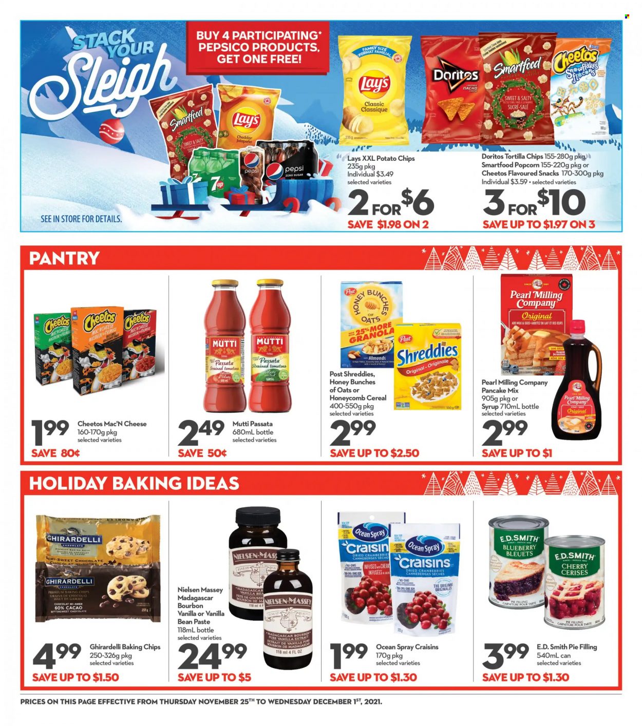 thumbnail - Longo's Flyer - November 25, 2021 - December 01, 2021 - Sales products - tomatoes, jalapeño, cherries, pancakes, milk, eggs, bittersweet chocolate, chocolate, snack, Ghirardelli, Doritos, tortilla chips, kettle corn, potato chips, Cheetos, Lay’s, Smartfood, popcorn, pie filling, baking chips, craisins, cranberries, cereals, dried fruit, Pepsi, granola. Page 13.