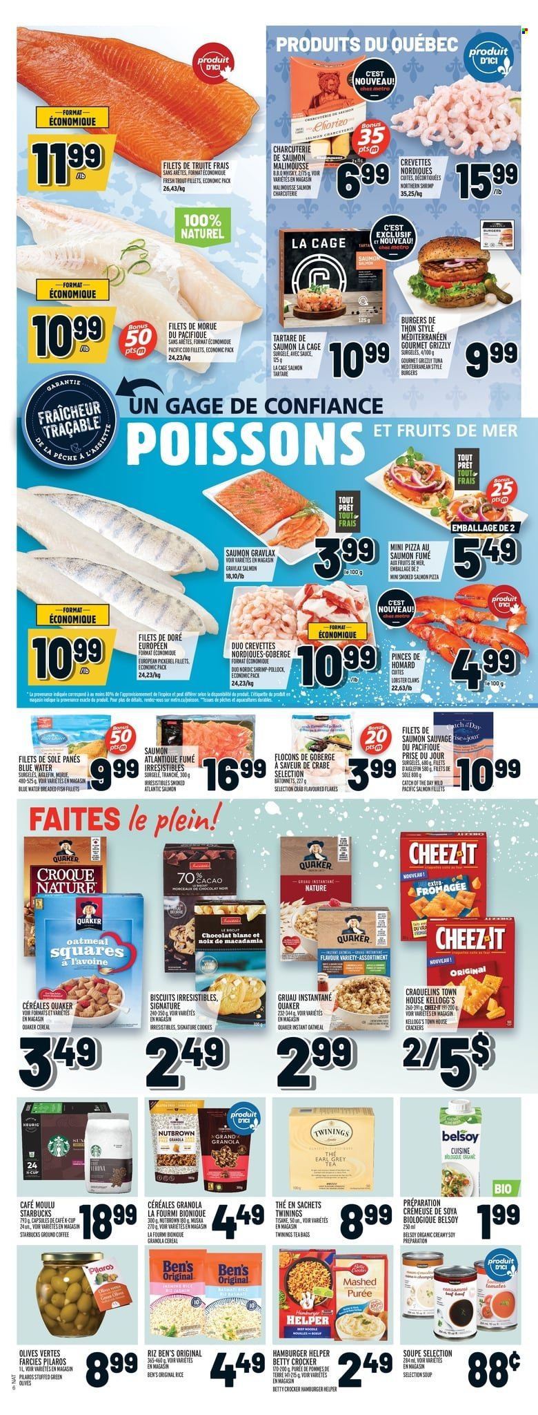 thumbnail - Metro Flyer - November 25, 2021 - December 01, 2021 - Sales products - fish fillets, lobster, salmon, salmon fillet, smoked salmon, trout, tuna, pollock, crab, fish, shrimps, walleye, pizza, soup, Quaker, breaded fish, cookies, crackers, Kellogg's, biscuit, Cheez-It, oatmeal, cereals, rice, tea bags, Twinings, coffee, ground coffee, Starbucks, whisky, cup, cage, granola, olives, chorizo. Page 7.