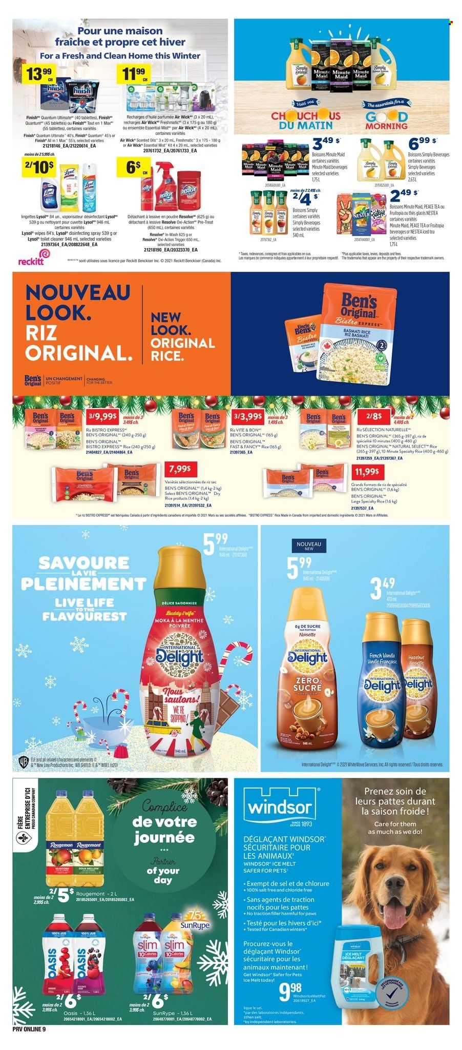 thumbnail - Provigo Flyer - November 25, 2021 - December 01, 2021 - Sales products - salt, rice, ice tea, fruit punch, wipes, cleaner, toilet cleaner, Lysol, Finish Powerball, Finish Quantum Ultimate. Page 12.