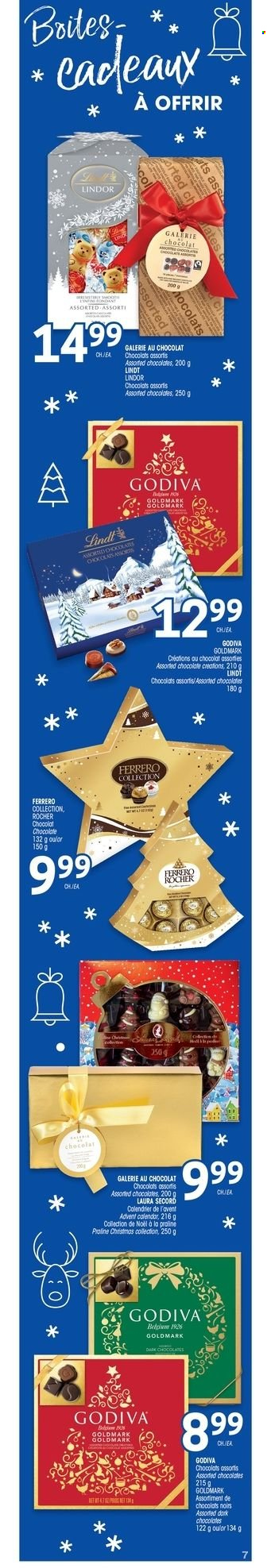thumbnail - Uniprix Flyer - November 25, 2021 - December 01, 2021 - Sales products - chocolate, Godiva, advent calendar, Lindt, Lindor, Ferrero Rocher. Page 7.