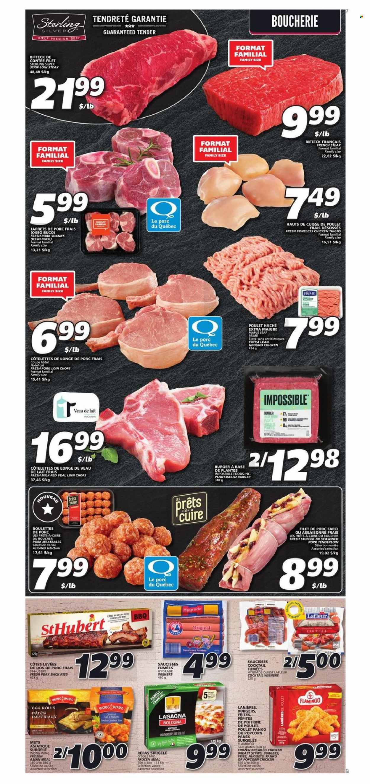 thumbnail - IGA Flyer - November 25, 2021 - December 01, 2021 - Sales products - panko breadcrumbs, meatballs, nuggets, hamburger, egg rolls, fried chicken, lasagna meal, bologna sausage, milk, potato fries, popcorn, chicken thighs, chicken, pork chops, pork loin, pork meat, pork ribs, pork tenderloin, pork back ribs, steak. Page 4.