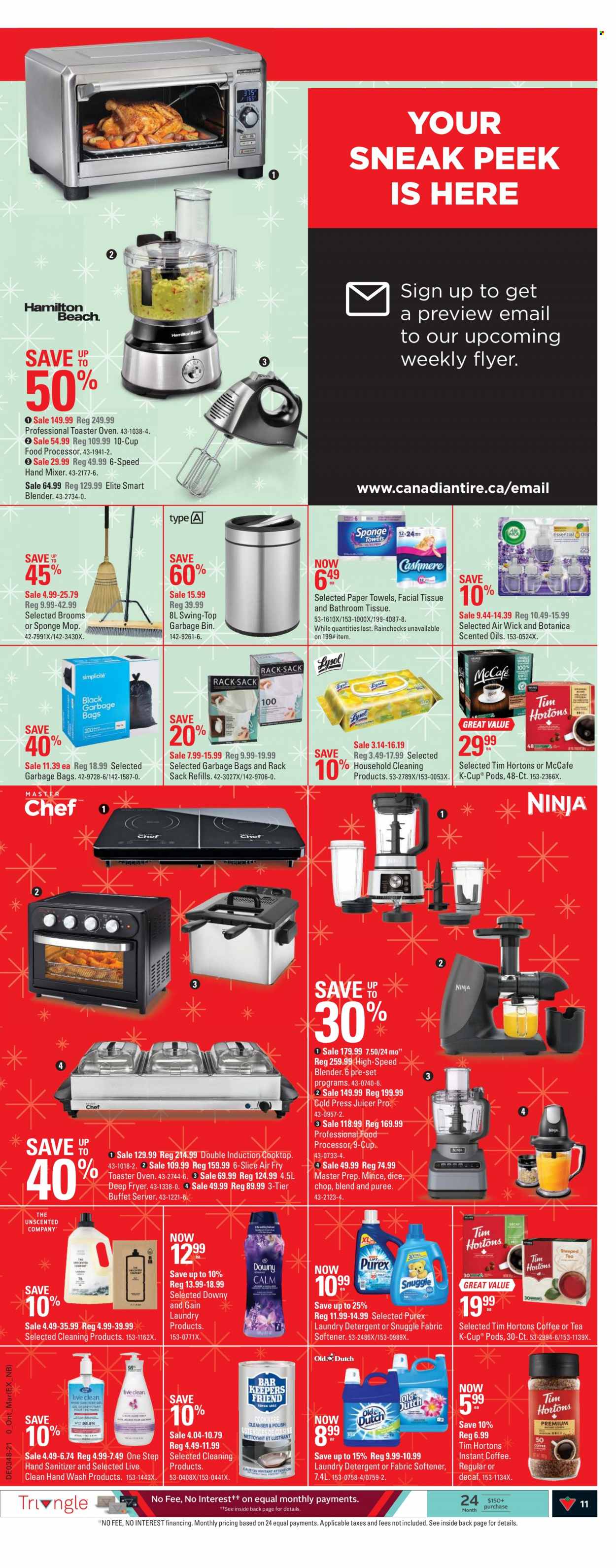 thumbnail - Canadian Tire Flyer - November 25, 2021 - December 01, 2021 - Sales products - bath tissue, kitchen towels, paper towels, Snuggle, fabric softener, laundry detergent, Purex, bag, mop, Air Wick, cooktop, induction cooktop, deep fryer, mixer, hand mixer, food processor, juicer, hand sanitizer, blender, detergent. Page 11.