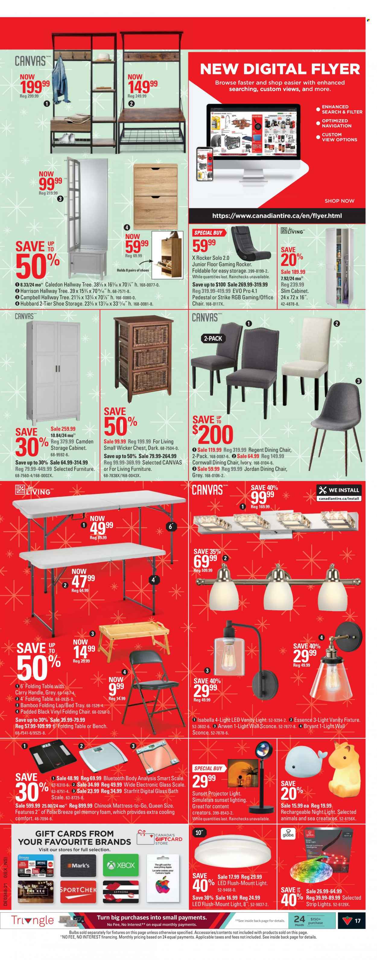 thumbnail - Canadian Tire Flyer - November 25, 2021 - December 01, 2021 - Sales products - scale, bulb, chair pad, cabinet, table, bed tray, chair, dining chair, bench, Jordan, mattress, vanity, office chair, folding table, folding chair, vanity lights, lighting, vinyl, tool cabinets. Page 17.
