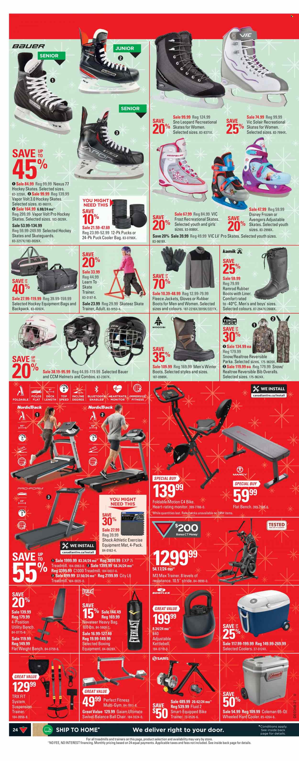 thumbnail - Canadian Tire Flyer - November 25, 2021 - December 01, 2021 - Sales products - Disney, Avengers, bag, gloves, cooler bag, eraser, chair, bench, ball chair, boots, winter boots, trainers, Coleman, treadmill, heavy bag, kettlebell, weights set, hockey skates, skates, bib, rubber boots, parka. Page 24.