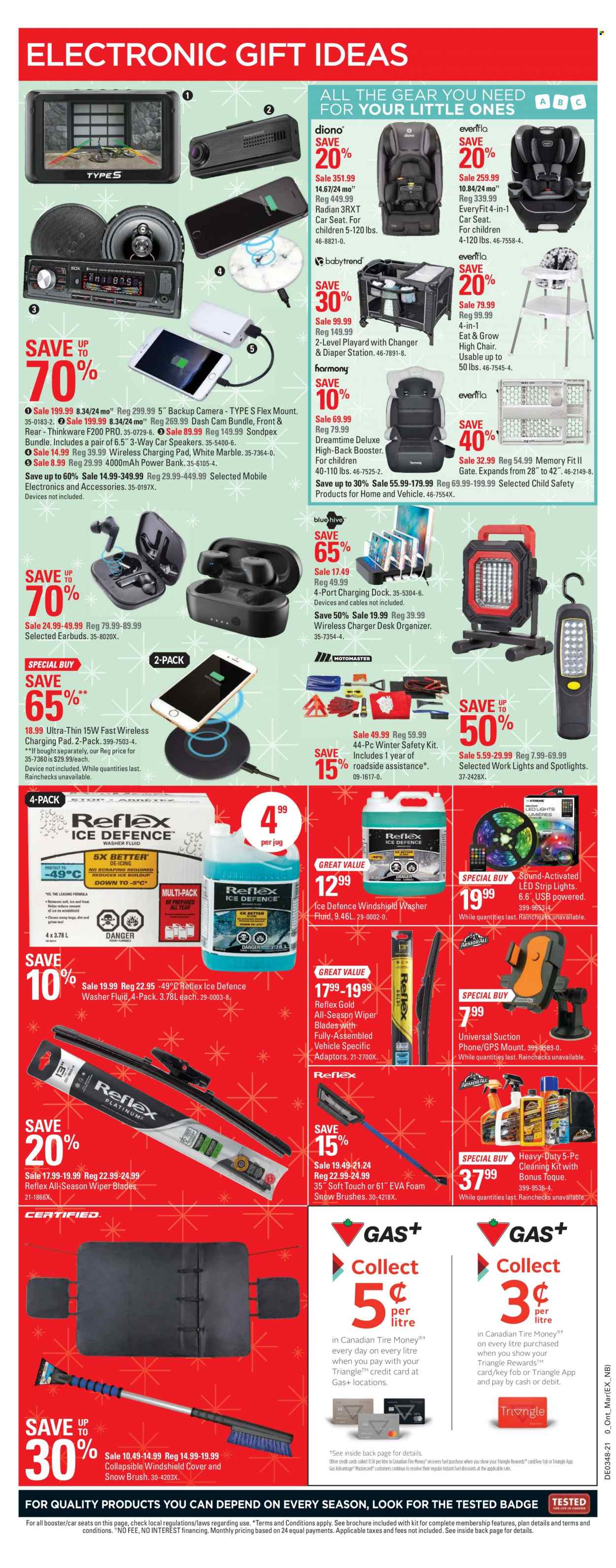 thumbnail - Canadian Tire Flyer - November 25, 2021 - December 01, 2021 - Sales products - spotlight, washing machine, wireless charger, high chair, chair, desk, vehicle, baby car seat, LED strip, dashboard camera, wiper blades, washer fluid, camera. Page 30.